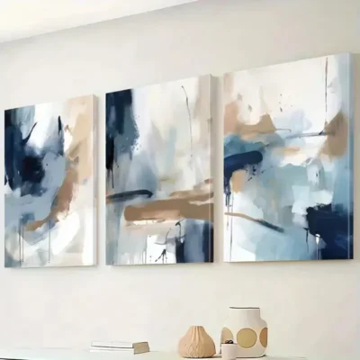 3pcs Abstract Wall Art In Shades Of Blue And Brown And White Canvas Framed 50x70cm- High Quality Print 100% Australian Made Wall Canvas Ready to Hang