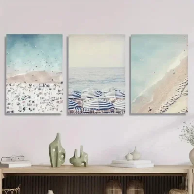 3pcs Beach Umbrellas, Blue And White Wall Art Set Canvas Framed 50x70cm - High Quality Print 100% Australian Made Wall Canvas Ready to Hang