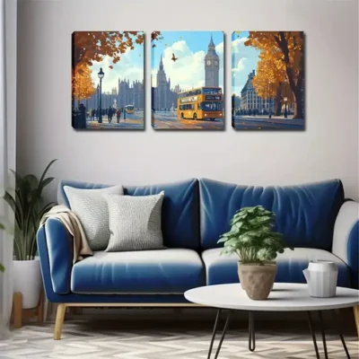 3pcs Autumn Romance, London Street Wall Art Set Canvas Framed 40x60cm - High Quality Print 100% Australian Made Wall Canvas Ready to Hang
