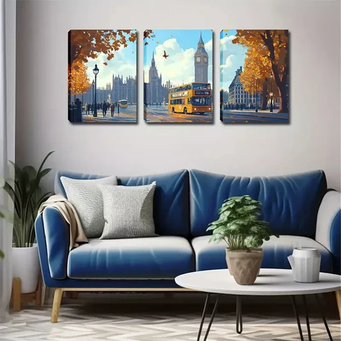 3pcs Autumn Romance, London Street Wall Art Set Canvas Framed 40x60cm – High Quality Print 100% Australian Made Wall Canvas Ready to Hang