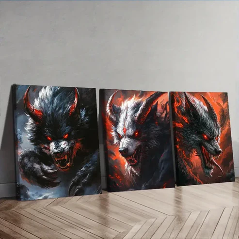 3pcs Dramatic Black & Orange Wolf Illustration Wall Art Set Canvas Framed 40x60cm – High Quality Print 100% Australian Made Wall Canvas Ready to Hang