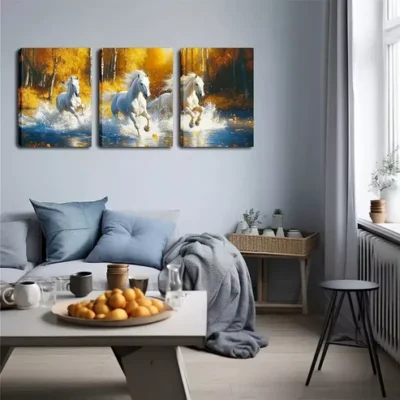 3pcs Three White Horses In The Woods Wall Art Set Canvas Framed 40x60cm - High Quality Print 100% Australian Made Wall Canvas Ready to Hang