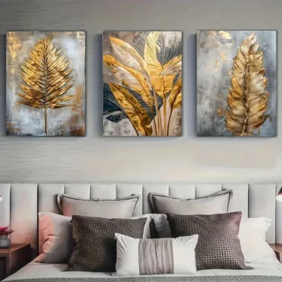 3pcs Golden Leaf & Feather Wall Art Set Canvas Framed 40x60cm - High Quality Print 100% Australian Made Wall Canvas Ready to Hang