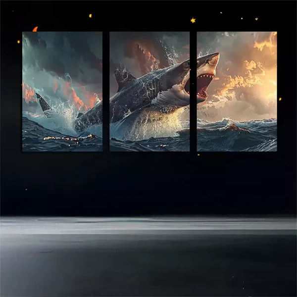 3pcs Large Shark Swimming Over An Ocean Canvas Framed 50x70cm- High Quality Print 100% Australian Made Wall Canvas Ready to Hang