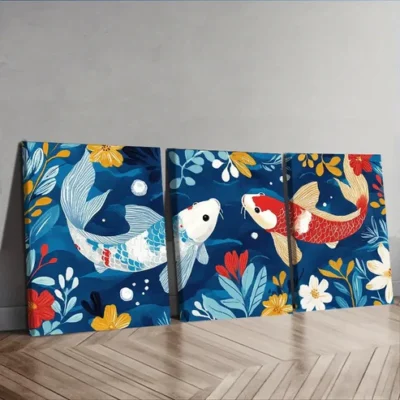 3pcs Two red and white carp In Floral Water Wall Art Set Canvas Framed 40x60cm - High Quality Print 100% Australian Made Wall Canvas Ready to Hang