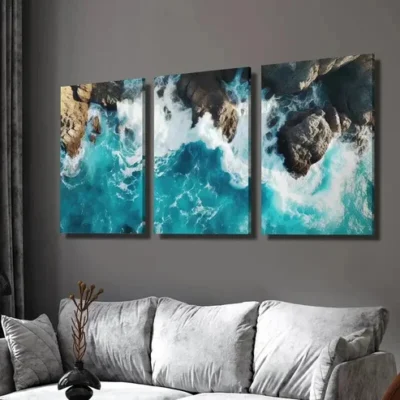 3pcs blue ocean, wave seaside scenery Wall Art Set Canvas Framed 50x70cm - High Quality Print 100% Australian Made Wall Canvas Ready to Hang