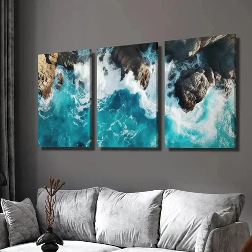 3pcs blue ocean, wave seaside scenery Wall Art Set Canvas Framed 50x70cm – High Quality Print 100% Australian Made Wall Canvas Ready to Hang