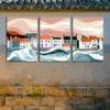 3pc Vector Art Of A Pastoral Coastal Town Wall Art Set Canvas Framed 50x70cm - High Quality Print 100% Australian Made Wall Canvas Ready to Hang - Image 2