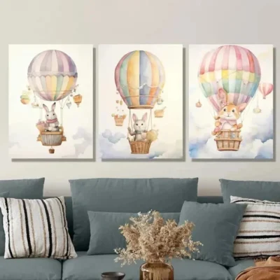 3pcs Cartoon Hot Air Balloon Baby Arctic Wall Art Set Canvas Framed 50x70cm - High Quality Print 100% Australian Made Wall Canvas Ready to Hang