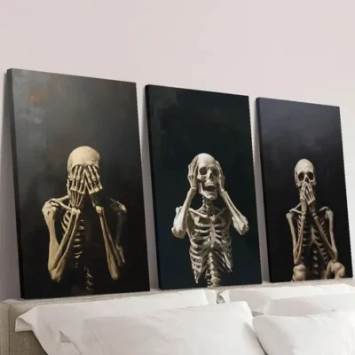 3pcs Golden-Hued Skeletons in Various Poses Wall Art Set Canvas Framed 40x60cm - High Quality Print 100% Australian Made Wall Canvas Ready to Hang