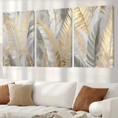 3pcs Abstract Golden Leaf Palm Canvas Framed 50x70cm- High Quality Print 100% Australian Made Wall Canvas Ready to Hang
