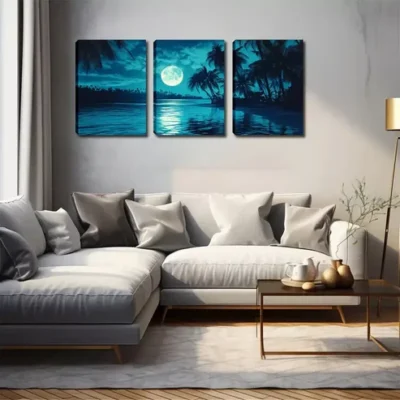 3pcs Night, Moon, Coconut Tree Wall Art Set Canvas Framed 40x60cm - High Quality Print 100% Australian Made Wall Canvas Ready to Hang