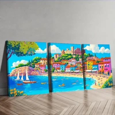 3pcs Mediterranean town Painting Wall Art Set Canvas Framed 50x70cm - High Quality Print 100% Australian Made Wall Canvas Ready to Hang