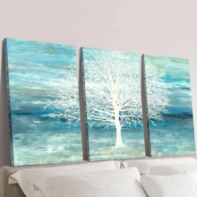3pcs Abstract cyan and blue landscape painting Wall Art Set Canvas Framed 40x60cm - High Quality Print 100% Australian Made Wall Canvas Ready to Hang