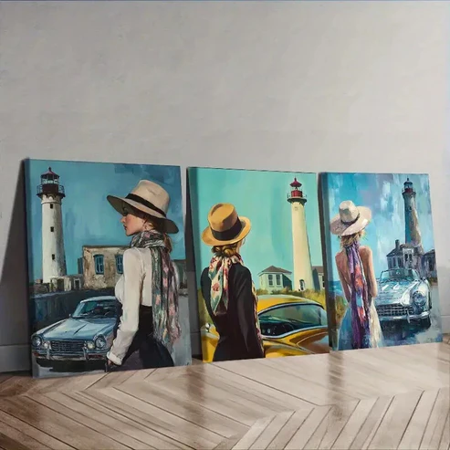 3pcs The girl by the old car (4) Wall Art Set Canvas Framed 40x60cm – High Quality Print 100% Australian Made Wall Canvas Ready to Hang