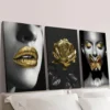 3pcs woman with Golden lipstick girl with Gold Wall Art Set Canvas Framed 40x60cm - High Quality Print 100% Australian Made Wall Canvas Ready to Hang