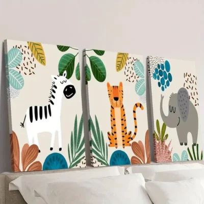 3pcs Zebra and lion elephant, watercolor style Wall Art Set Canvas Framed 40x60cm - High Quality Print 100% Australian Made Wall Canvas Ready to Hang