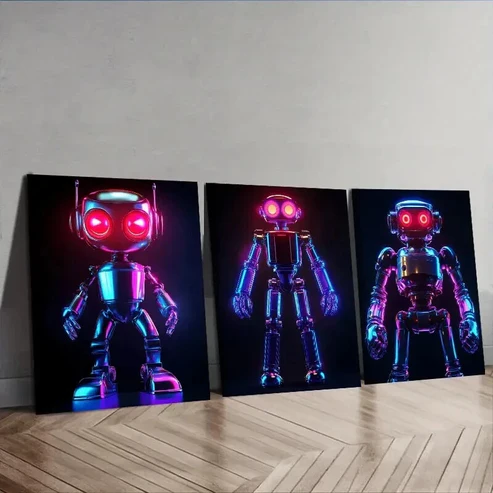 3pcs Modern Neon Robot Design, Wall Art Set Canvas Framed 50x70cm – High Quality Print 100% Australian Made Wall Canvas Ready to Hang