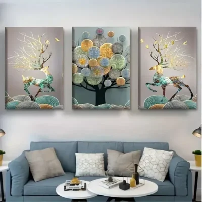 3pcs Abstract Chinese Feng Shui Golden Rich Tree Canvas Framed 50x70cm- High Quality Print 100% Australian Made Wall Canvas Ready to Hang