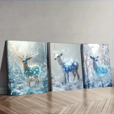 3pcs Deer with Snowflakes, Ice-Blue & Golden Wall Art Set Canvas Framed 40x60cm - High Quality Print 100% Australian Made Wall Canvas Ready to Hang