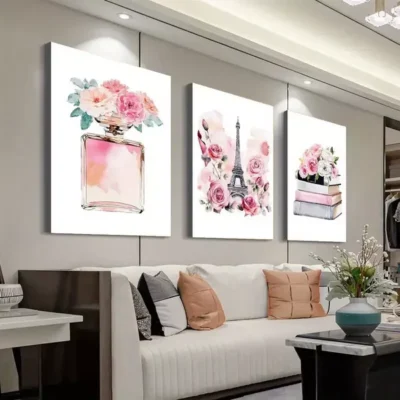 3pcs Pink Perfume & Parisian Fashion Canvas Framed 50x70cm- High Quality Print 100% Australian Made Wall Canvas Ready to Hang