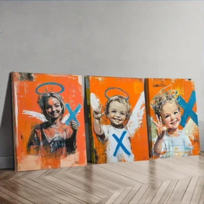 3pcs Abstract Angel Trio, Orange & Blue Accent Wall Art Set Canvas Framed 40x60cm - High Quality Print 100% Australian Made Wall Canvas Ready to Hang