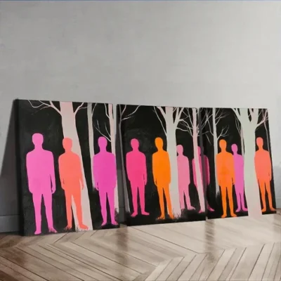 3pcs Featuring Pink Figures in a Forest Wall Art Set Canvas Framed 50x70cm - High Quality Print 100% Australian Made Wall Canvas Ready to Hang