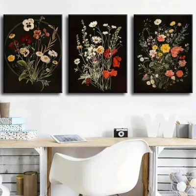 3pcs Vintage flowers, Moody Gothic Natural Wall Art Set Canvas Framed 40x60cm - High Quality Print 100% Australian Made Wall Canvas Ready to Hang