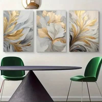 3pcs Golden and White leaf Abstract Canvas Framed 50x70cm- High Quality Print 100% Australian Made Wall Canvas Ready to Hang