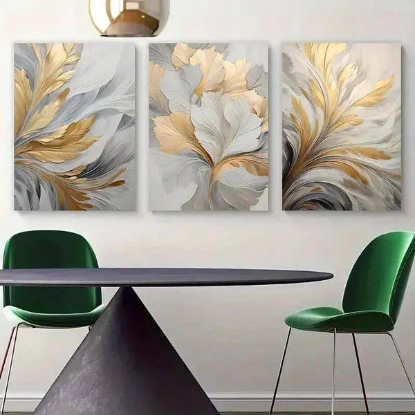 3pcs Golden and White leaf Abstract Canvas Framed 50x70cm- High Quality Print 100% Australian Made Wall Canvas Ready to Hang