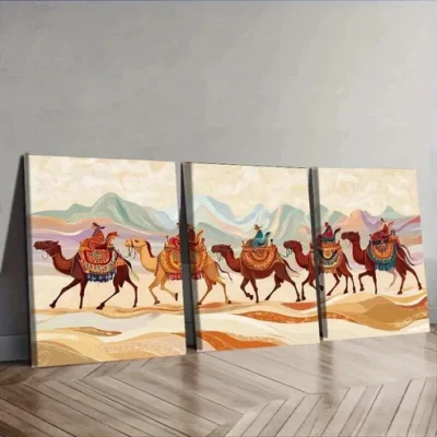 3pcs Camel Caravan t Wall Art Set Canvas Framed 50x70cm - High Quality Print 100% Australian Made Wall Canvas Ready to Hang