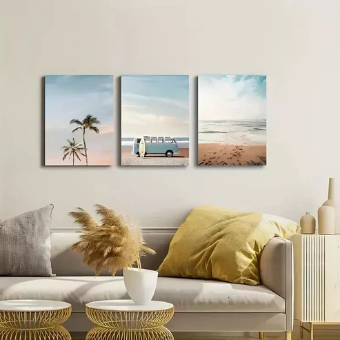3pcs Bohemian Chic Summer Sea, Van and Beach Wall Art Set Canvas Framed 40x60cm – High Quality Print 100% Australian Made Wall Canvas Ready to Hang