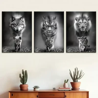 3pcs Black & White Wildlife Wolf, Tiger, Lion Wall Art Set Canvas Framed 40x60cm - High Quality Print 100% Australian Made Wall Canvas Ready to Hang