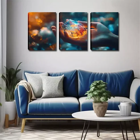 3pcs Hand Holding Gemstone Design, Rustic Wall Art Set Canvas Framed 40x60cm – High Quality Print 100% Australian Made Wall Canvas Ready to Hang