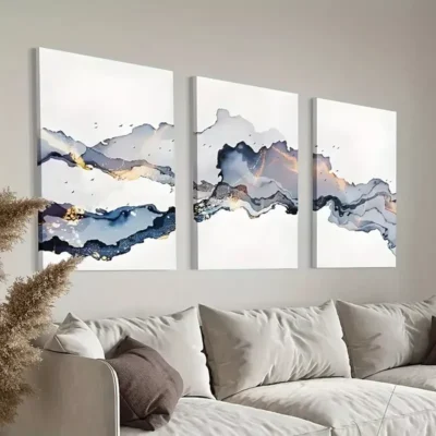 3pcs Blue Gold Smoke Wave Canvas Framed 50x70cm- High Quality Print 100% Australian Made Wall Canvas Ready to Hang