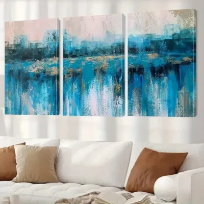 3pcs Modern Blue Gray Paintings Canvas Framed 50x70cm- High Quality Print 100% Australian Made Wall Canvas Ready to Hang
