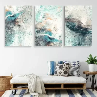3pcs Abstract Painting Of Vibrant Cyan Colors Framed 50x70cm- High Quality Print 100% Australian Made Wall Canvas Ready to Hang