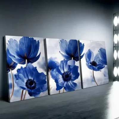 3pc Blue Poppy Flower Wall Art Set Canvas Framed 50x70cm - High Quality Print 100% Australian Made Wall Canvas Ready to Hang