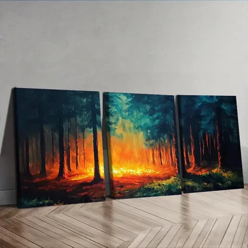 3pcs Vibrant Forest Fire Scenes Wall Art Set Canvas Framed 50x70cm – High Quality Print 100% Australian Made Wall Canvas Ready to Hang