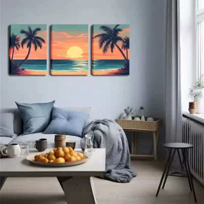 3pcs Palm Tree & Beach Scene Wall Art Set Canvas Framed 40x60cm - High Quality Print 100% Australian Made Wall Canvas Ready to Hang