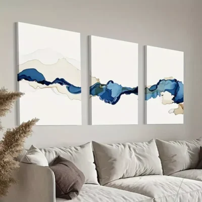 3pcs Blue and Brown Watercolor Paintings Canvas Framed 50x70cm- High Quality Print 100% Australian Made Wall Canvas Ready to Hang