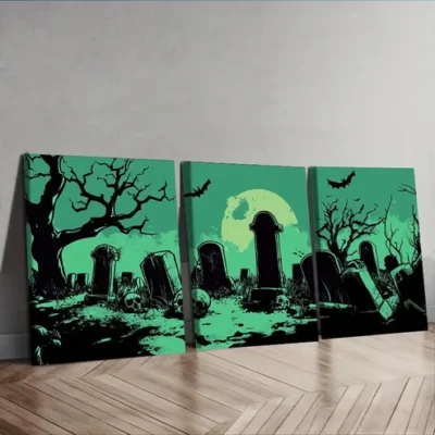 3pcs Graveyard Halloween Theme, Wall Art Set Canvas Framed 50x70cm - High Quality Print 100% Australian Made Wall Canvas Ready to Hang
