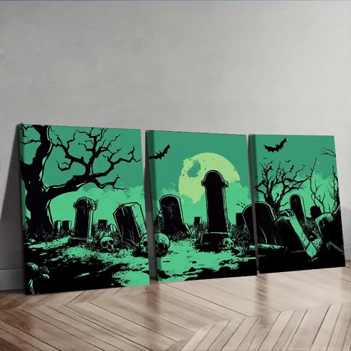 3pcs Graveyard Halloween Theme, Wall Art Set Canvas Framed 40x60cm – High Quality Print 100% Australian Made Wall Canvas Ready to Hang