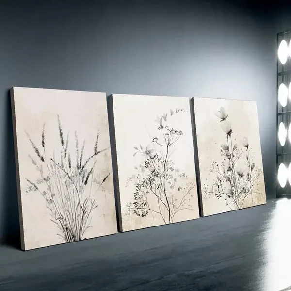 3pcs Floral & Ink Plant Canvas Framed 50x70cm – High Quality Print 100% Australian Made Wall Canvas Ready to Hang
