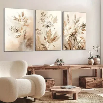3pcs Neutral Flowers Wildflowers Flowers Plants Canvas Framed 50x70cm- High Quality Print 100% Australian Made Wall Canvas Ready to Hang