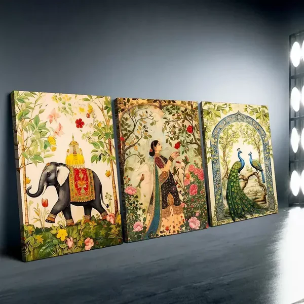 3pcs Woman in Garden, Peacock & Elephant Canvas Framed 50x70cm- High Quality Print 100% Australian Made Wall Canvas Ready to Hang