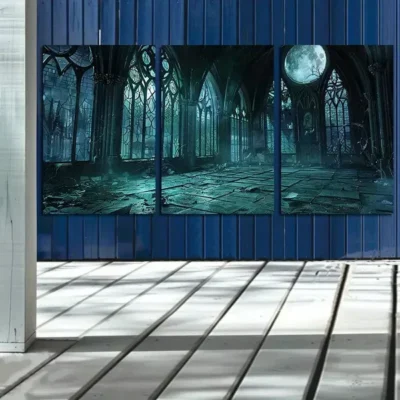 3pcs Gothic Backdrop with Dark Arched Windows Canvas Framed 50x70cm- High Quality Print 100% Australian Made Wall Canvas Ready to Hang