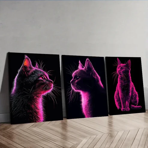 3pcs Vector illustration cat In Dark Background Wall Art Canvas Wall Art Set Canvas Framed 50x70cm – High Quality Print 100% Australian Made Wall Canvas Ready to Hang