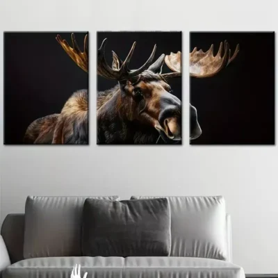 3pcs Retro Simple Elk Animal in Dark Black Wall Art Set Canvas Framed 40x60cm - High Quality Print 100% Australian Made Wall Canvas Ready to Hang