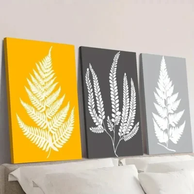 3pcs Mustard Yellow And Grey Leaves Print Wall Art Set Canvas Framed 50x70cm - High Quality Print 100% Australian Made Wall Canvas Ready to Hang